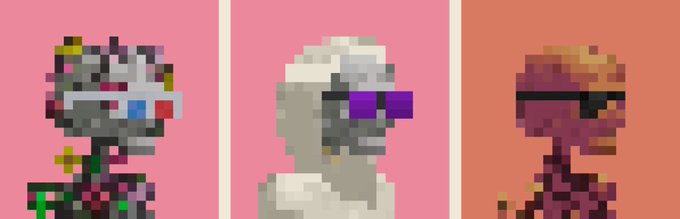 Three pixelated alien characters displayed side-by-side on pink and orange backgrounds, each wearing distinct 3D glasses or sunglasses.