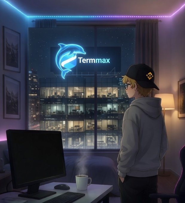 An anime-style young man wearing glasses and a "Binance" cap stands in a neon-lit room, gazing out a window at a city skyline featuring a glowing blue dolphin logo and the "Termmax" name, with a steaming coffee mug on a desk beside a monitor. The image visually captures the post's theme of Termmax's DeFi innovation, where idle limit orders can now earn extra yield while waiting to be matched, keeping capital constantly productive.