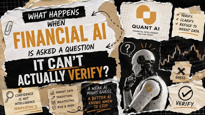 The image features a graphic design with a robotic figure and text reading "What happens when financial AI is asked a question it can't actually verify?" alongside "Quant AI - Financial intelligence you can trust" and notes highlighting the AI's principles: "Verify. Clarify. Refuse to invent data," with a checkmark symbol labeled "Verify."

The image directly illustrates the post's message about AI verification in finance, contrasting a weak AI that would guess (marked with an X) versus a reliable AI like Quant AI that knows when to stop and verify rather than fabricate data.