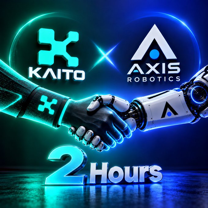 A futuristic graphic showing a handshake between a human hand in a glowing teal KAITO-branded glove and a robotic Axis Robotics hand, with the text '2 Hours' displayed prominently below.