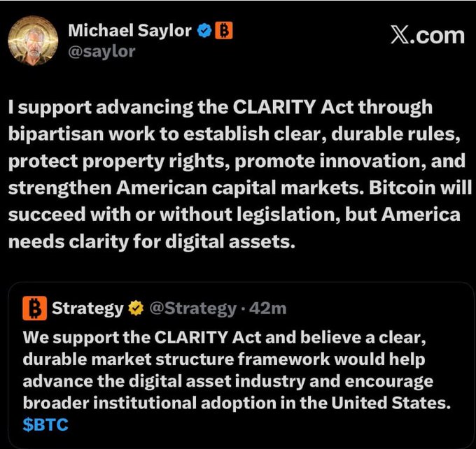 Michael Saylor and Strategy both express support for the CLARITY Act, emphasizing the need for clear rules to protect property rights and foster institutional adoption of digital assets. The image displays their respective statements on X.com.