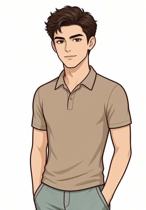 An anime-style illustration of a young man with wavy brown hair, wearing a tan polo shirt and greenish-gray pants, smiling gently with his hands in his pockets against a white background.