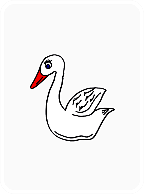 A simple line drawing illustration of a white swan with a red beak and blue eye on a white background.