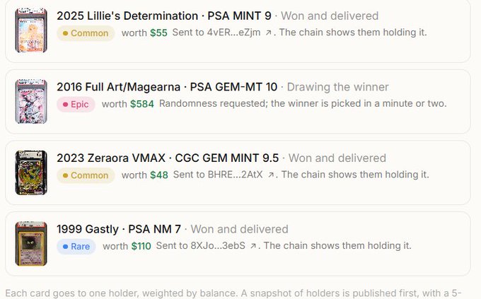 A screenshot of Pokemon card giveaway listings showing cards like 2025 Lillie's Determination PSA MINT 9 ($55), 2016 Full Art/Magearna PSA GEM-MT 10 ($584), 2023 Zeraora VMAX CGC GEM MINT 9.5 ($48), and 1999 Gastly PSA NM 7 ($110).