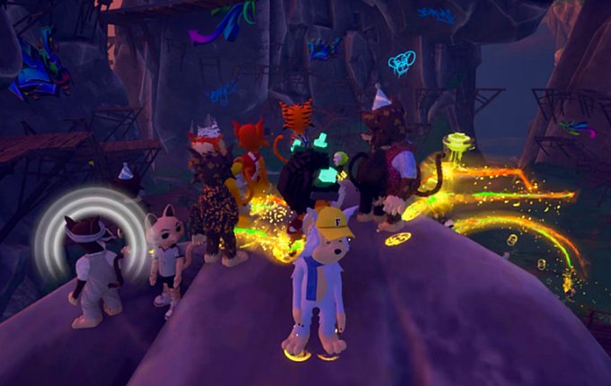 A group of anthropomorphic cat characters in colorful outfits stands on a rocky ledge in a cave-like area with glowing particle effects and neon blue graffiti on the walls.