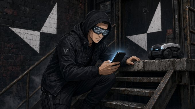 A hooded figure wearing dark gear and tactical goggles crouches on weathered stairs while a small armored mapping van idles on the landing nearby, suggesting surveillance or reconnaissance activity in a gritty, industrial setting. The scene visually echoes the post's narrative of a covert tech survey—where subtle architectural details like stair risers become the focus of an on-chain bounty, and an ordinary Android phone is positioned to capture data at the goods entrance.