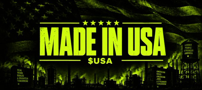 A green-tinted graphic banner reading 'MADE IN USA' with five stars, set against an American flag background and an industrial skyline silhouette.