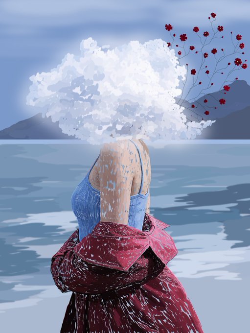 A stylized painting shows a figure in a blue top and red garment standing in water, with their head obscured by a large, cloud-like cluster of white flowers.