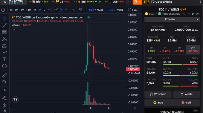 A TradingView-style cryptocurrency chart showing the PancakeSwap (TCC/WBNB) token on dex Screener with a sharp price spike and subsequent crash, with current price at 0.005697 and significant losses across all timeframes.