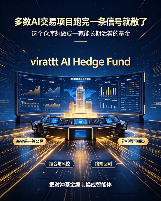 A promotional graphic with Chinese text and the English phrase 'viratt AI Hedge Fund', featuring a futuristic blue and gold command center with charts and world maps.