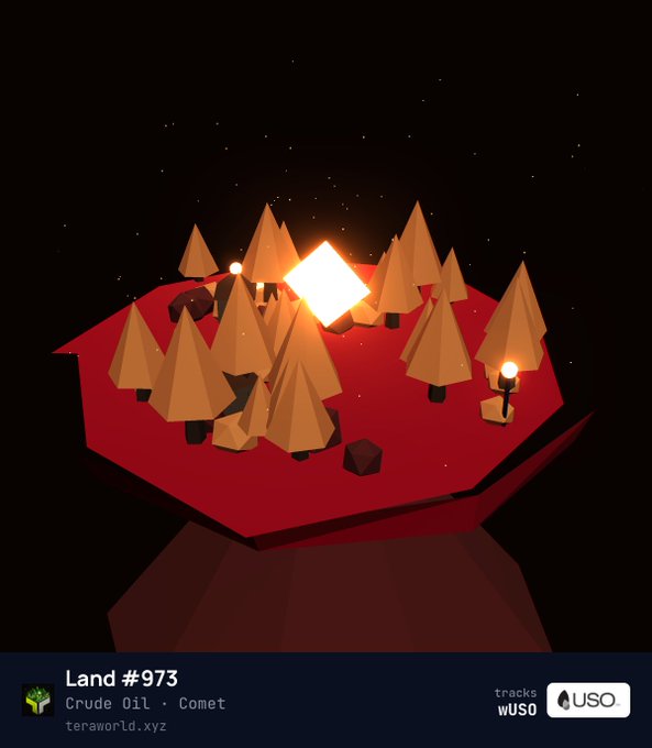 A 3D-rendered low-poly island scene at night featuring triangular trees, rocks, and a glowing square on red terrain, labeled 'Land #973', 'Crude Oil · Comet', 'teraworld.xyz' with 'wUSO' tracks and a 'USO' tag.
