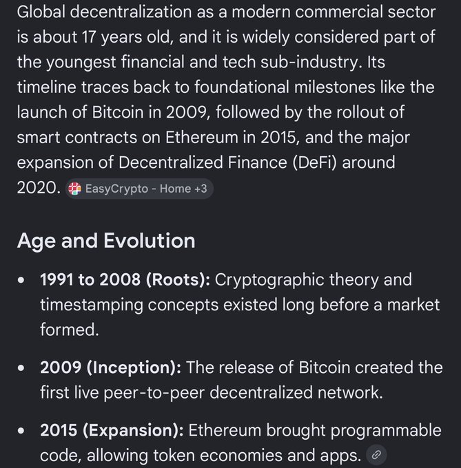 A dark-themed text article discusses 'Global decentralization' as a 17-year-old commercial sector, detailing milestones like Bitcoin's 2009 launch, Ethereum smart contracts in 2015, and the 2020 DeFi expansion, sourced from 'EasyCrypto - Home'.