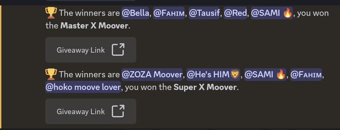 A dark-themed chat announcing giveaway winners including @Bella, @FAHIM, @Tausif, @Red, @SAMI for the Master X Moover, and @ZOZA Moover, @He's HIM, @SAMI, @FAHIM, @hoko moove lover for the Super X Moover, each with a 'Giveaway Link' button.