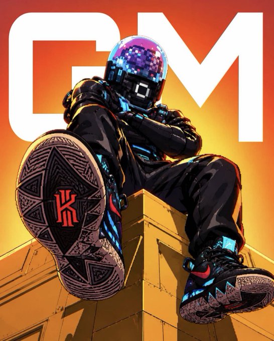 A stylized digital illustration features a figure in a disco-ball helmet and Nike basketball shoes with a 'K' logo on the sole, against an orange background with large white 'GM' lettering.