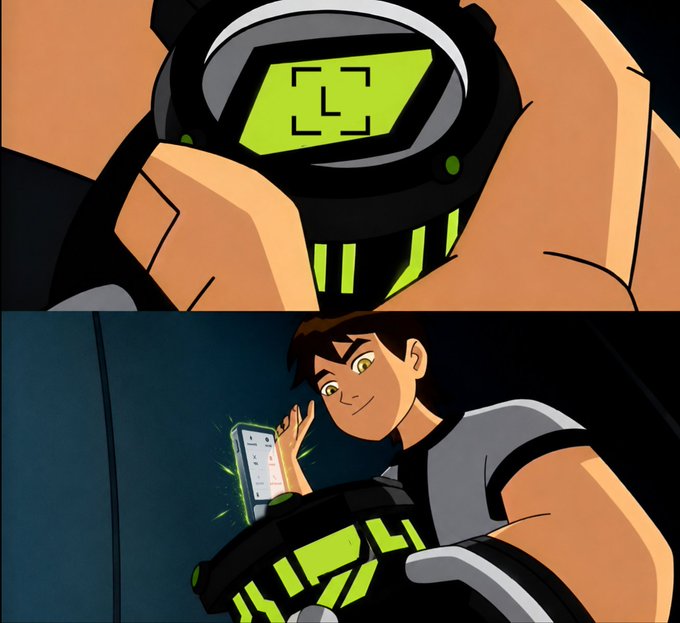 Two-panel cartoon illustration showing a close-up of a green digital watch face with the Omnitrix symbol, and Ben Tennyson activating the device on his wrist.