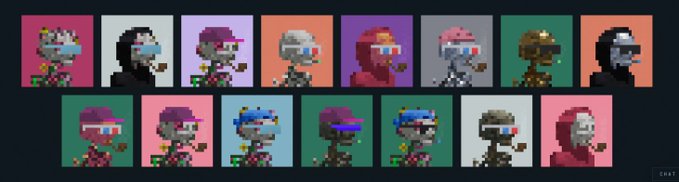 A grid of 16 pixel-art character sprites in various colored outfits, masks, and goggles, with small green text labels next to each character.