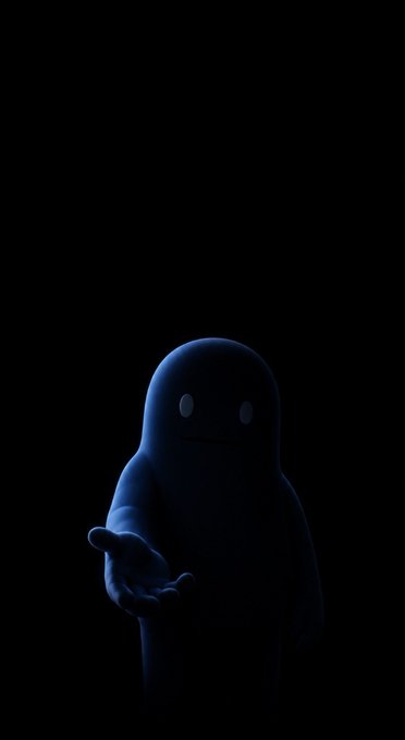 A dark 3D render shows a shadowy, rounded figure with glowing eyes extending a hand against a black background.
