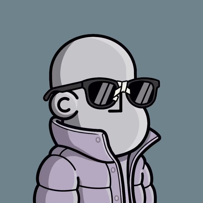 A bald cartoon figure wearing cracked black sunglasses and a puffy lavender jacket stands against a blue background. The image, paired with advice to turn to @npconchain for guidance when feeling lost, uses the sunglasses with a visible crack in the lens as a visual metaphor for broken or unclear vision—reinforcing the message about seeking direction and clarity through the account.