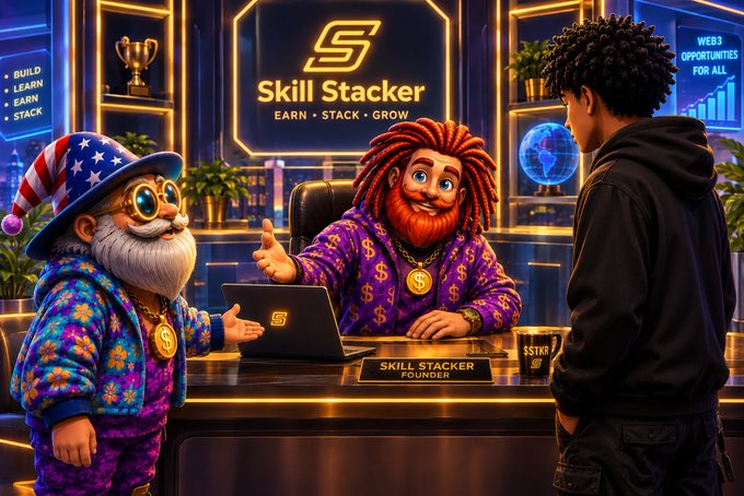 The image depicts a vibrant "Skill Stacker" office scene with the branded text "EARN • STACK • GROW" and "SKILL STACKER FOUNDER" displayed, featuring a red-bearded character at a desk alongside a star-hatted figure with a laptop, greeting a visitor. This ties to the post's "$STKR" promotion, presenting the Skill Stacker brand as the foundation of the weekend reset and forward momentum message.