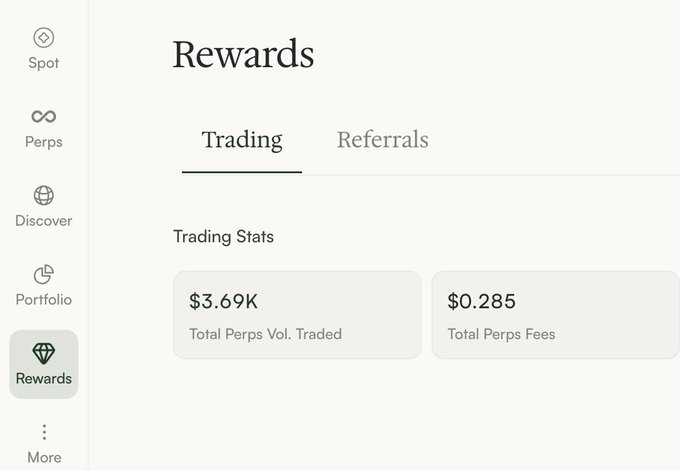 A 'Rewards' dashboard page showing Trading Stats with Total Perps Vol. Traded at $3.69K and Total Perps Fees at $0.285.