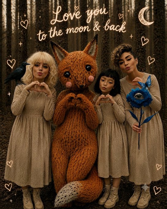 An artistic photo featuring three women and a person in an orange knitted fox costume in a forest setting, with the text 'Love you to the moon & back' and hand-drawn hearts, stars, and a moon decorating the image.