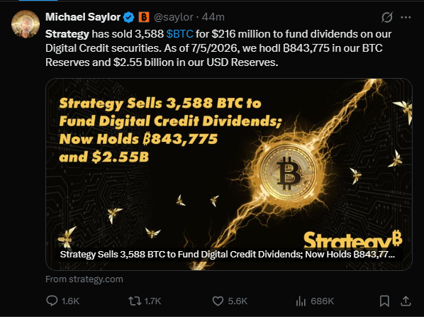 A tweet from Michael Saylor (@saylor) announcing that Strategy has sold 3,588 $BTC for $216 million, holding 843,775 BTC and $2.55 billion in USD Reserves.