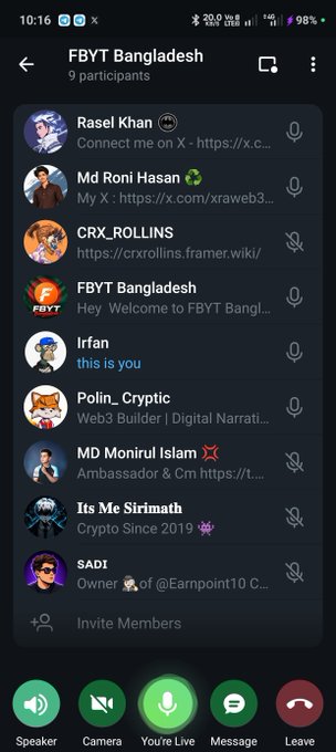 A screenshot of a Telegram group call titled "FBYT Bangladesh" with 9 participants, featuring members like Rasel Khan, Md Roni Hasan, CRX_ROLLINS, and Polin_Cryptic (marked as "this is you"), supporting a post about attending an FBYT Bangladesh AMA session to engage with the community ahead of Month 2.