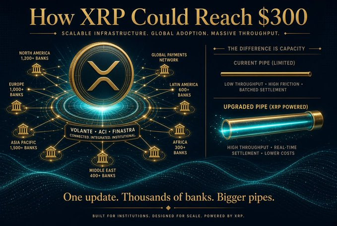 A gold-themed infographic titled "How XRP Could Reach $300" with the tagline "Scalable Infrastructure. Global Adoption. Massive Throughput." centers on a glowing XRP coin surrounded by bank icons connected to a network hub, listing regional bank counts—North America (1,200+), Europe (1,000+), Asia Pacific (1,300+), Middle East (400+), Africa (300+), Latin America (600+), and a "Global Payments Network"—alongside labels like "Volante • ACI • Finastra" (Connected. Integrated. Institutional.). On the right, a comparison contrasts a "Current Pipe (Limited)" showing low throughput, high friction, and batched settlement with an "Upgraded Pipe (XRP Powered)" promising high throughput, real-time settlement, and lower costs. The caption at the bottom reads, "One update. Thousands of banks. Bigger pipes. Built for Institutions. Designed for Scale. Powered by XRP," visually reinforcing the post's claim