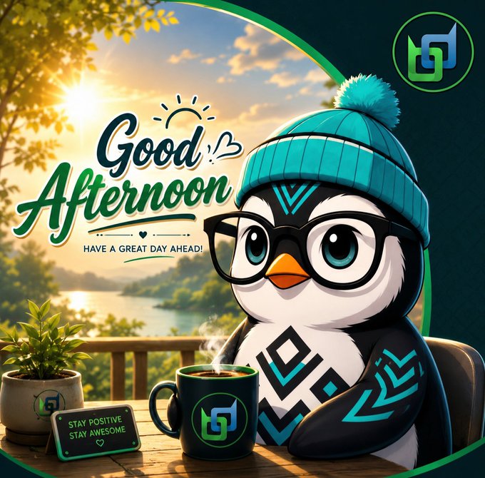 Cheerful illustrated penguin character wearing a teal beanie and glasses, holding a coffee mug branded with a 'b' logo, set against a sunny lakeside backdrop with 'Good Afternoon - HAVE A GREAT DAY AHEAD!' greeting text.