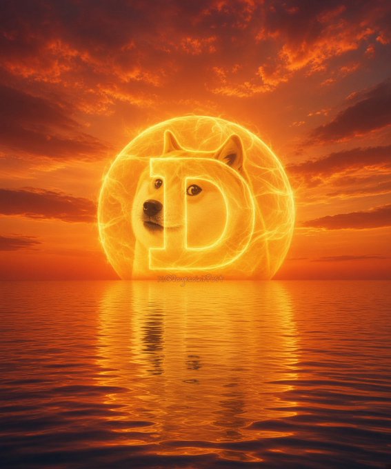 An artistic image features a Shiba Inu dog's face within a glowing circular emblem, set against a dramatic sunset over water with orange skies and reflective ripples.