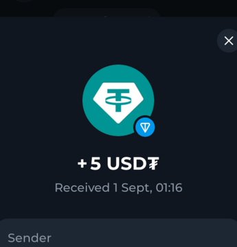 A mobile app notification showing a receipt of '+5 USDT' (Tether) with the USDT logo, received on September 1st at 01:16.