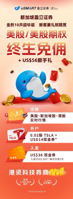 This is a Chinese promotional poster from uSMART Securities Singapore (盈立证券) advertising a lifetime commission-free offer for US stocks and US stock options, with a US$56 sign-up gift. It lists three steps—registration, account opening, and funding—featuring a Tesla referral (0.02 TSLA + USD14 cash coupon) and a US$36 funding cash coupon, aligning with the post's focus on accessible account funding for trading US and Hong Kong stocks without a Hong Kong bank card.
