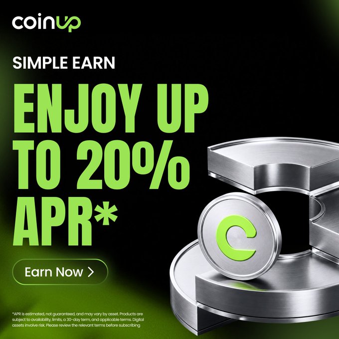 A CoinUp cryptocurrency advertisement promoting "SIMPLE EARN" with green text stating "ENJOY UP TO 20% APR*" alongside a metallic coin bearing the "C" logo, with a fine print disclaimer at the bottom.