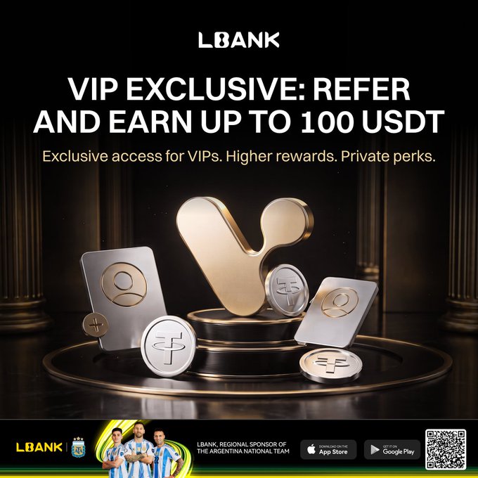 The image is an LBank promotional graphic featuring the headline "VIP EXCLUSIVE: REFER AND EARN UP TO 100 USDT" alongside 3D renderings of gold and silver cryptocurrency coins and a metallic "V" emblem on a dark stage, reinforcing the post's VIP referral rewards campaign with a note that LBank is a regional sponsor of the Argentina national team.