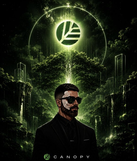 A digital artwork featuring a man in a suit and sunglasses with a circuit-like eye, standing beneath a glowing green tree and a circular logo, with the text 'CANOPY' at the bottom.