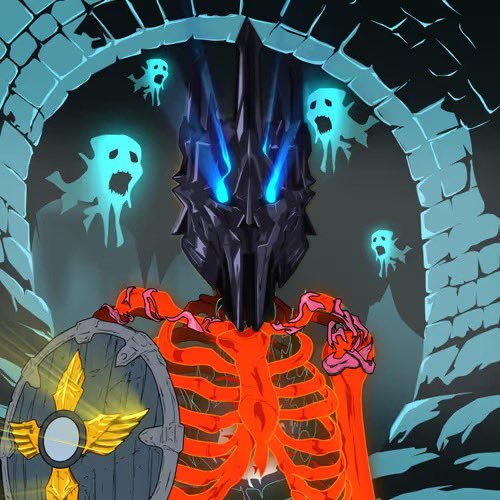 Digital artwork of a red skeletal warrior wearing a dark helmet with glowing blue eyes, holding a shield with a winged emblem, surrounded by blue ghost figures in a stone archway.