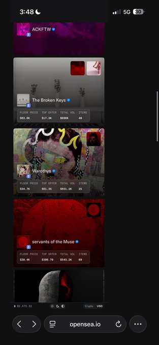 A mobile screenshot of OpenSea.io displaying NFT collections including "The Broken Keys" with a floor price of $83.5K (1.3K ETH), "Warothys" at $34.7K (1.35 ETH), and "servants of the Muse" at $28.4K (200.78 ETH), reflecting the post's frustration about prohibitive collector floor prices making these NFTs unaffordable.