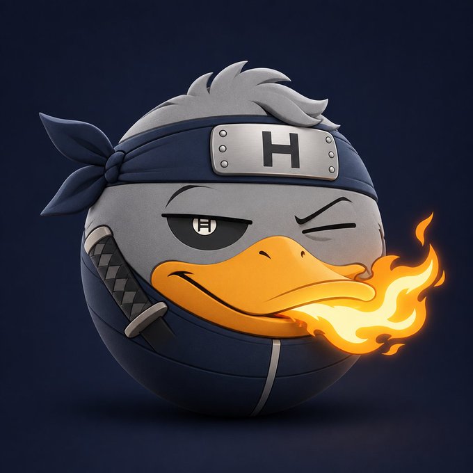A 3D render of a round grey duck character dressed as a ninja with a headband bearing an "H" (resembling Hidan from Naruto), breathing a flame from its beak.