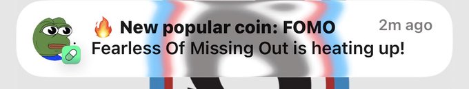 A notification-style banner featuring a Pepe the Frog meme and a glitchy figure reads: '🔥 New popular coin: FOMO — Fearless Of Missing Out is heating up! 2m ago'.