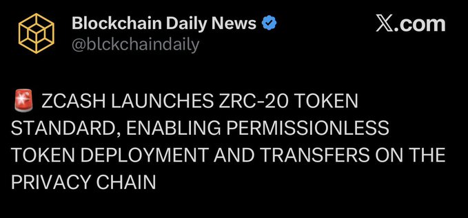 The image is a screenshot of an X (formerly Twitter) post from "Blockchain Daily News" (@blckchaindaily) announcing "ZCASH LAUNCHES ZRC-20 TOKEN STANDARD, ENABLING PERMISSIONLESS TOKEN DEPLOYMENT AND TRANSFERS ON THE PRIVACY CHAIN."

Notably, the ticker shown is $ZEC (Zcash), not $ZRC-20, and the accompanying text warns that the news about a ZRC-20 token standard is a scam, urging followers to beware and share for awareness.