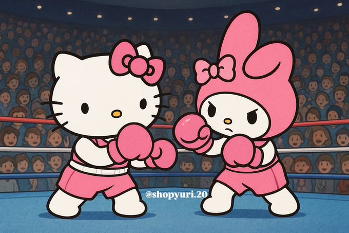 Hello Kitty and My Melody face off in a boxing ring wearing pink boxing gloves and shorts, surrounded by a cheering crowd.