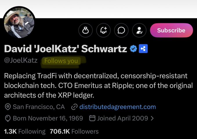 The image features a Twitter post with a caption that reads "David Joel Katz Schwartz follows you". The post also includes a link to a website, which could be related to Ripple CTO Just Followed Me On X!.