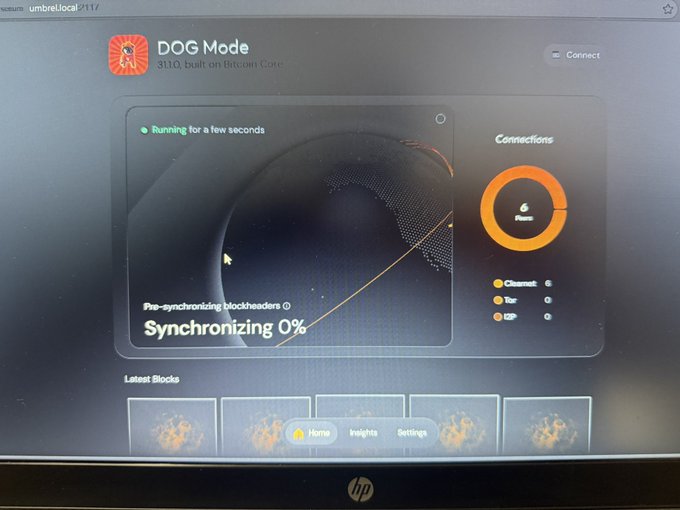 An HP monitor displays “DOG Mode,” a Bitcoin Core synchronization screen with “Synchronizing 0%,” connections, and a circular orange “0 mem” indicator.
