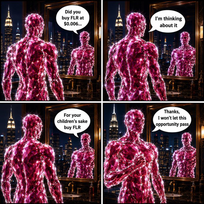 A four-panel comic featuring a crystalline pink humanoid figure looking into a mirror against a New York City skyline, with speech bubbles reading 'Did you buy FLR at $0.006...', 'I'm thinking about it', 'For your children's sake buy FLR', and 'Thanks, I won't let this opportunity pass'.