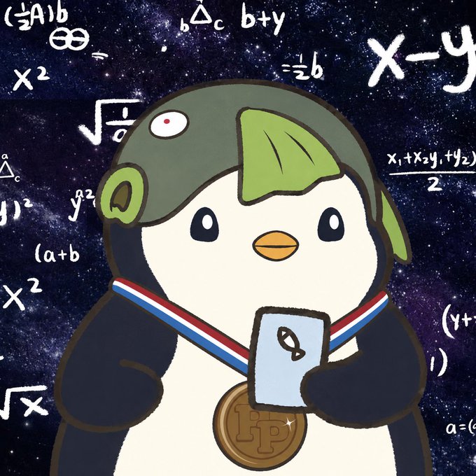 A cartoon penguin wearing a "JP" medal and an upside-down cap holds a smartphone, set against a starry background filled with mathematical formulas like "x-y," "(1/2)A∩B," and "Δc," giving a puzzled "Gm" vibe as it tries to decode the equations.