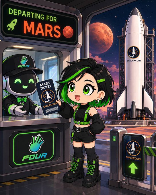 An anime-style illustration showing a green-haired character receiving a 'MARS TICKET' from a robot at a 'DEPARTING FOR MARS' counter, with a SpaceXcoin rocket launch in the background featuring 'FOUR' branding.