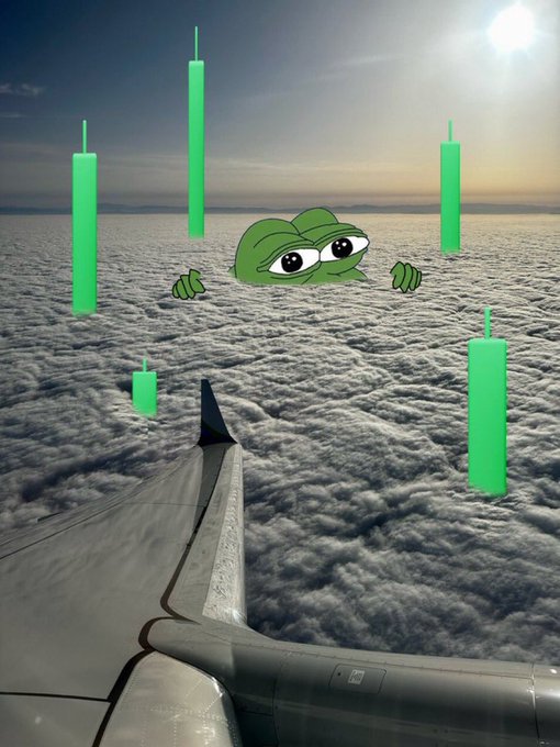 A Pepe the Frog meme floats above a cloudscape viewed from an airplane window, surrounded by glowing green candlesticks that mirror the classic cryptocurrency price chart pattern referenced in the "$PEPE is sending some nice green candles" post.
