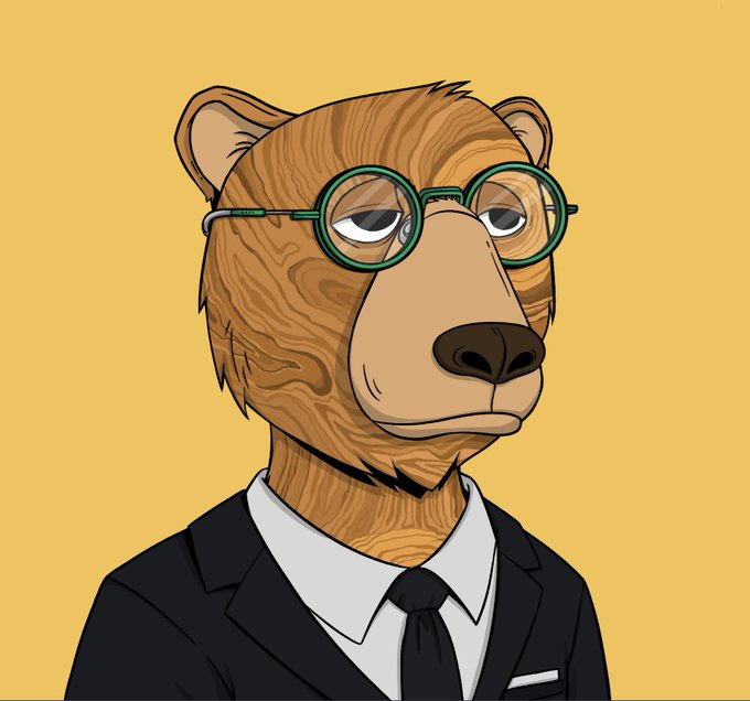A cartoon-style illustration of a brown bear wearing round green glasses, a black suit jacket, white shirt, and black tie against a mustard yellow background.