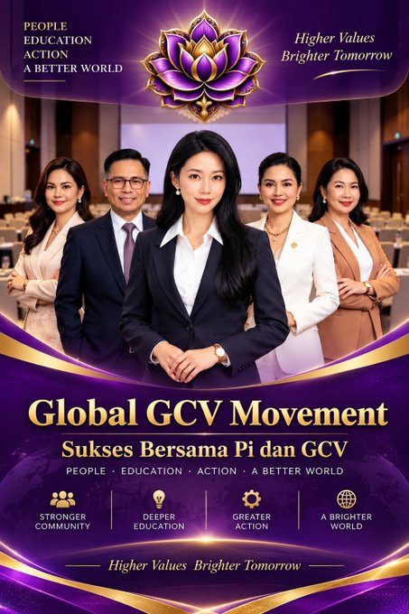 A promotional poster for the 'Global GCV Movement' featuring five professionally dressed people, with text reading 'PEOPLE EDUCATION ACTION A BETTER WORLD' and 'Higher Values Brighter Tomorrow'.