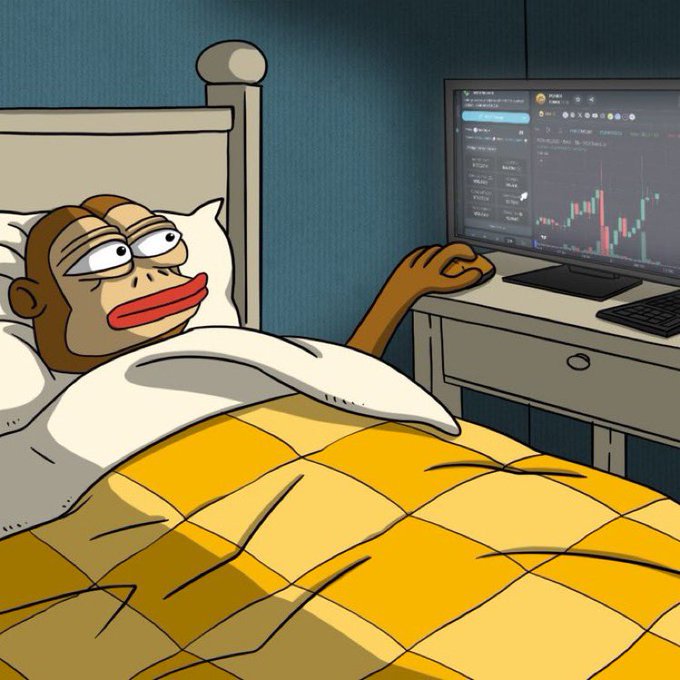 An animated meme monkey lies in bed under a yellow quilt, staring tiredly at a computer screen displaying a cryptocurrency trading chart with red and green candlesticks.